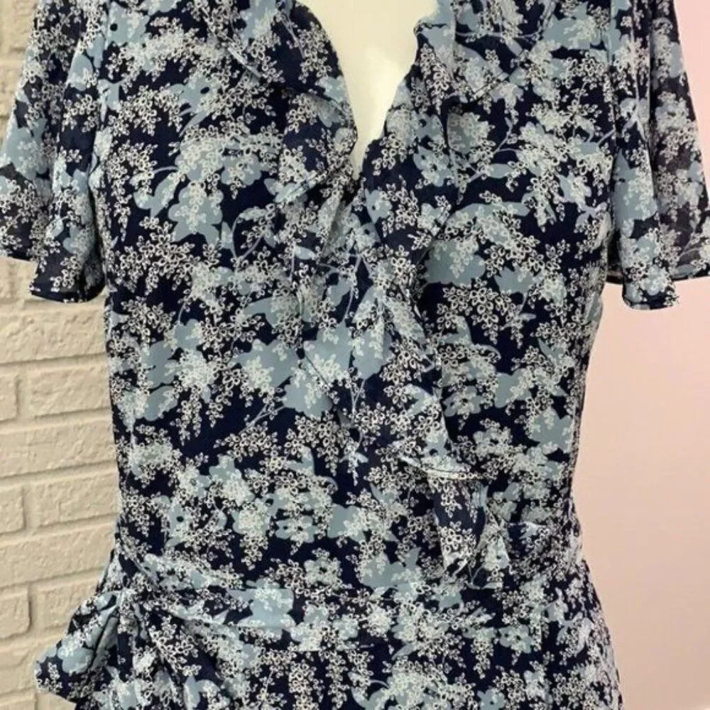 Michael Kors Women Blue Floral Flutter Sleeve Wrap Dress Size S